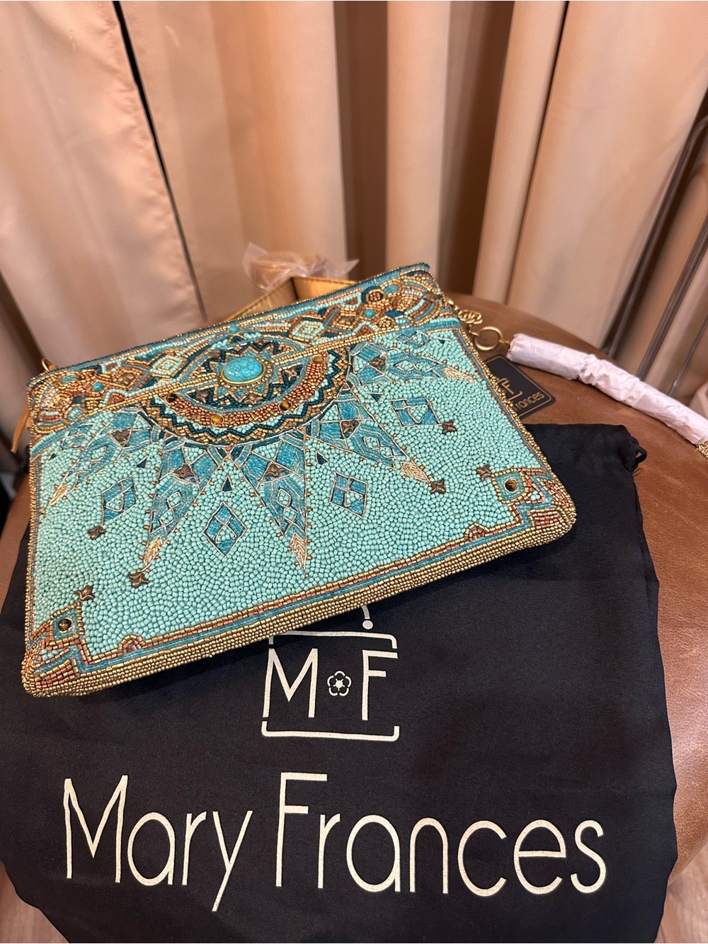 NWT Mary Frances Turquoise and Gold Beaded Clutch retail $280